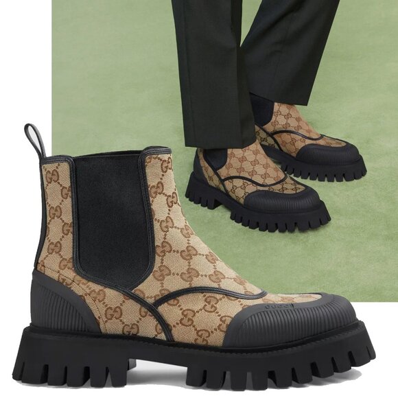 GUCCI BOOTS MENS GG CANVAS CHELSEA COMBAT w LUG SOLE sz 9 / 9.5 US - Picture 1 of 15